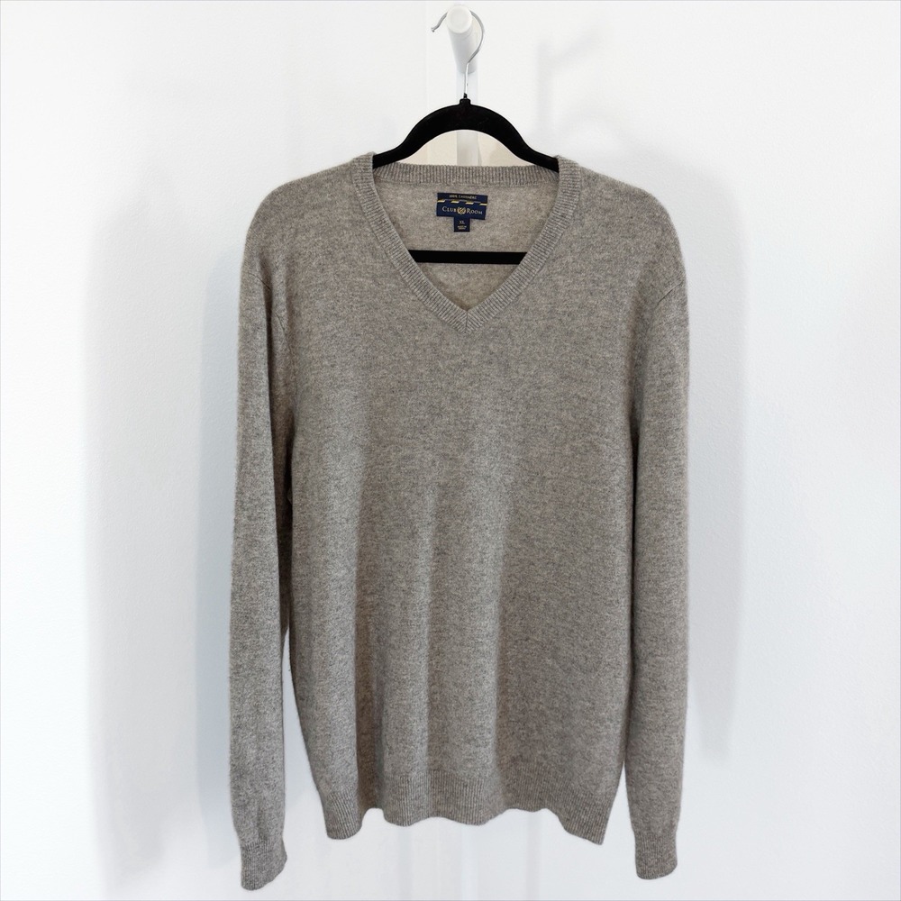 Club Room 100% Cashmere Sweater Mens XL Gray V Neck Quiet Luxury Preppy Modern
